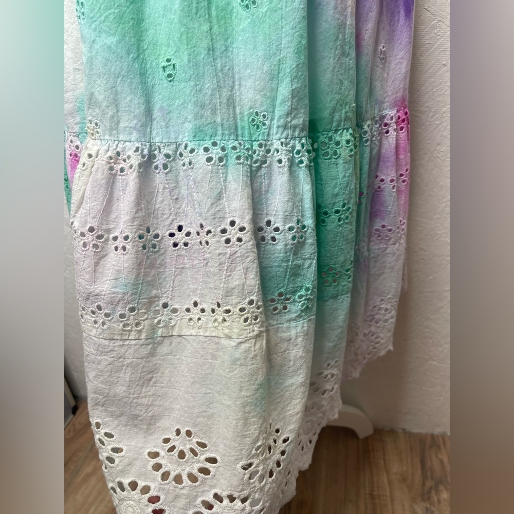 Pastel Tie Dye Eyelet Sundress Boho Coastal Cottagecore Midi Summer Vacation Lg - Picture 7 of 12